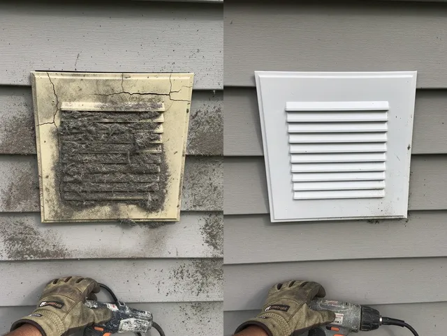 Hilton Head Island Dryer Vent Cleaning technician installing high-quality dryer vent cover at a residential property in Hilton Head Island